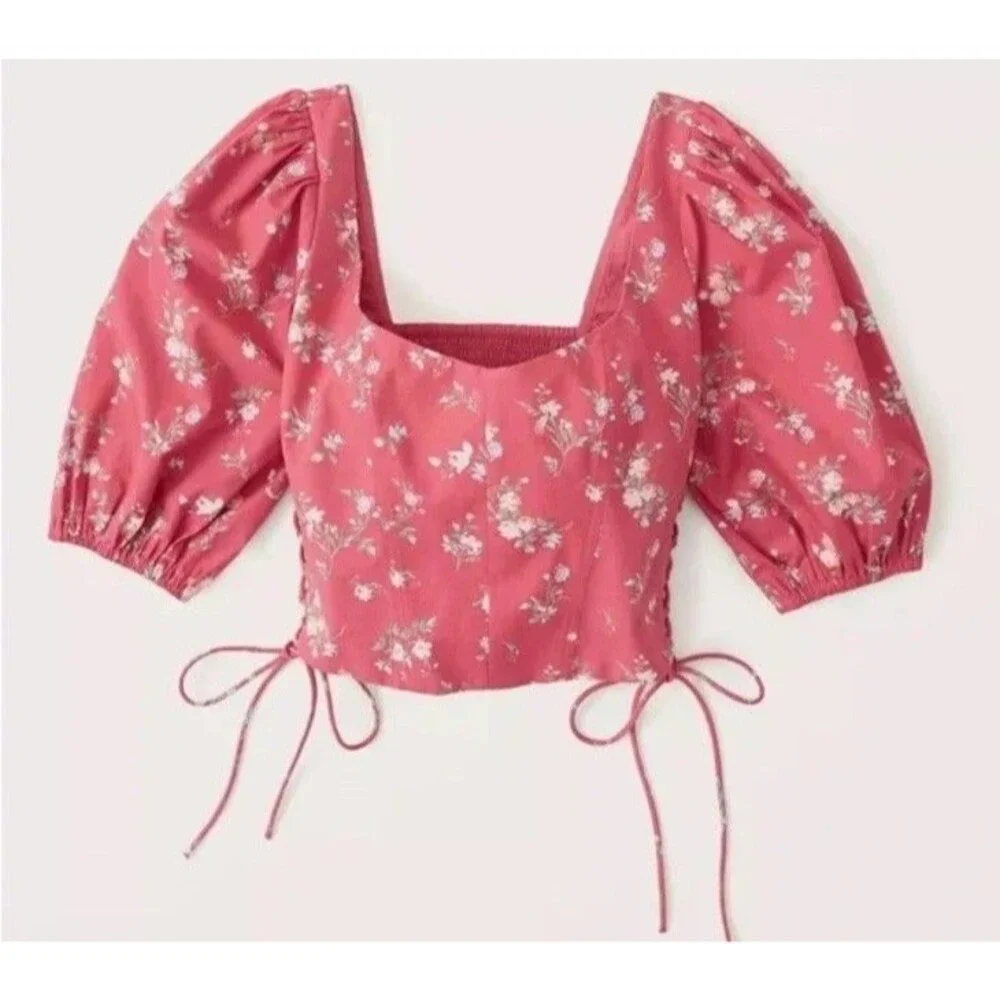 NWT Abercrombie And Fitch Floral Puff Sleeve Lace Up Poplin Corset Top Sz S